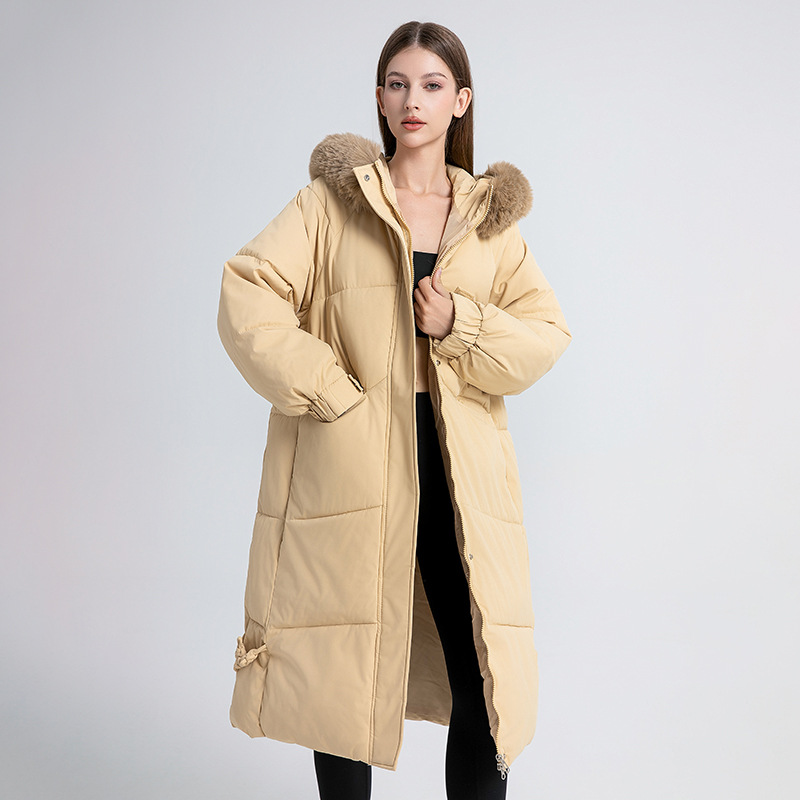 Women's Clothing jacket new winter women's long knee length cotton padded coat with large fur collar, thickened and warm cotton padded coat_voghion.com