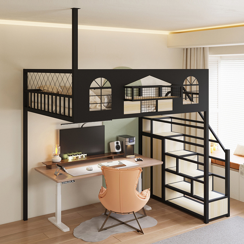 Iron Loft Bed with Suspended Upper Bunk for Small Spaces, Mezzanine Hammock Bed with Empty Space Above and Below, Suspended Steel Frame Bed