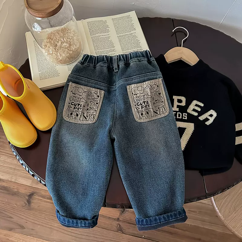 男童卡通牛仔裤湖州织里童装2025冬季新款小童韩版涂鸦加绒长裤潮