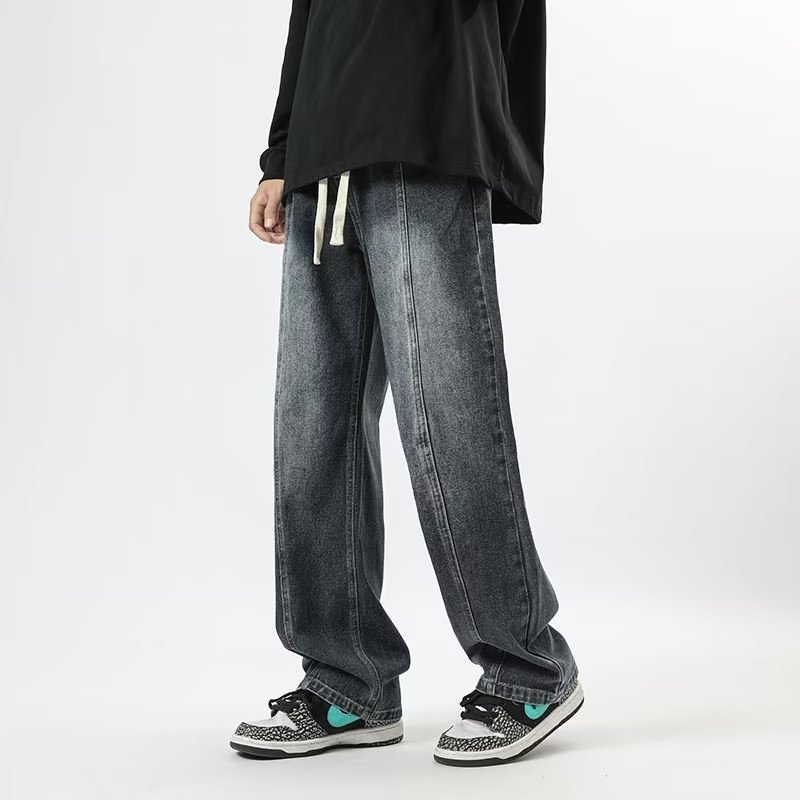 Pantalones vaqueros degradados de la marca de moda de los hombres ins pantalones casuales de la calle alta pantalones de trapeador de pierna ancha rectos sueltos con cordón de vaca