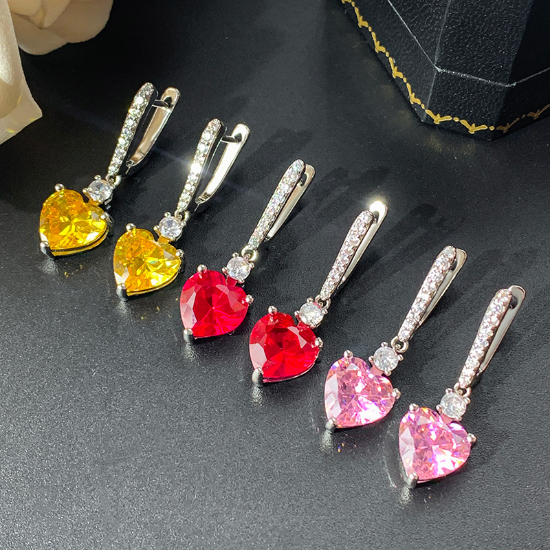 Jewelry Jewelry Earrings Jewelry Earrings Heart-Shaped Red Corundum Long Earrings Women's High-End Fashion Versatile Wholesale