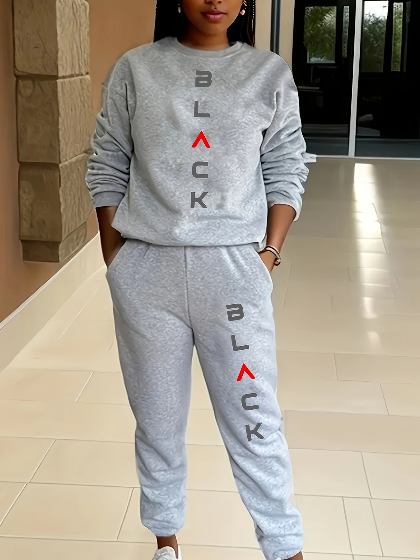 Women's Clothing Women's Fleece Lined Sweatshirt Set Style Two Piece Crew Neck Casual Printed Sweatshirt_ecoleips.com