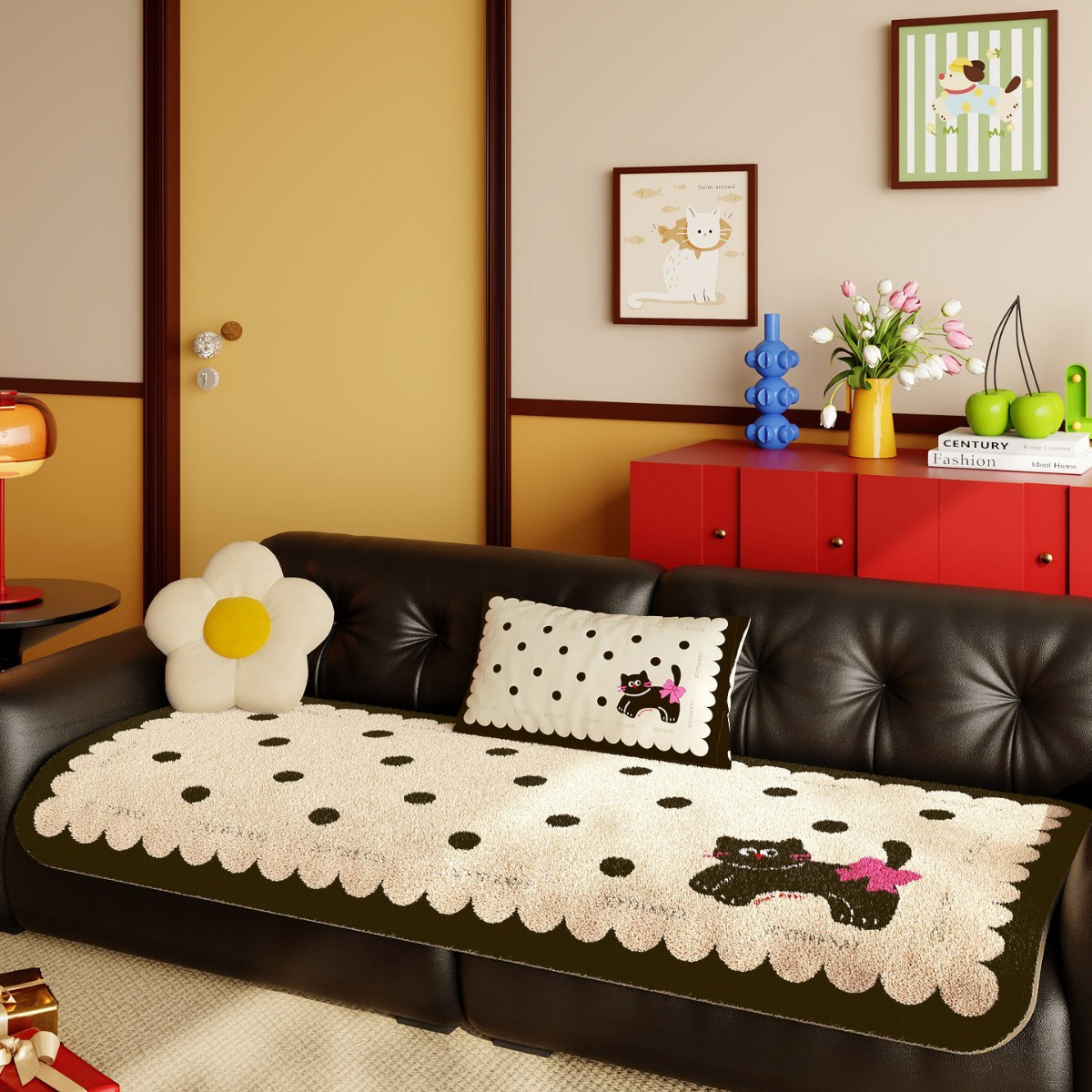 冬季毛绒沙发垫田园多巴胺格子三位一贵妃坐垫客厅直排防滑靠垫子