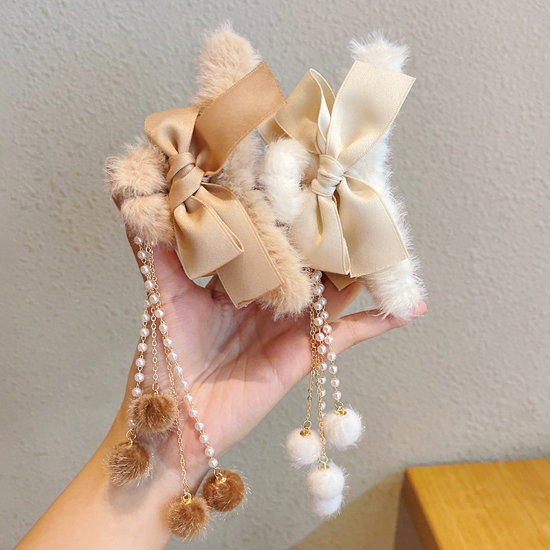 Autumn and Winter Bow Tassel Pendant Hair Ball Hairclip Plush Grab Clip Back Head Hair Grab Top Clip Hair Accessories Headwear Women