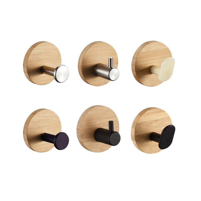 Stainless Steel Bamboo Wood Hooks, No-Drill Bamboo Board Stainless Steel Towel Hooks, Strong Adhesive Hooks for Kitchen and Bathroom Doors