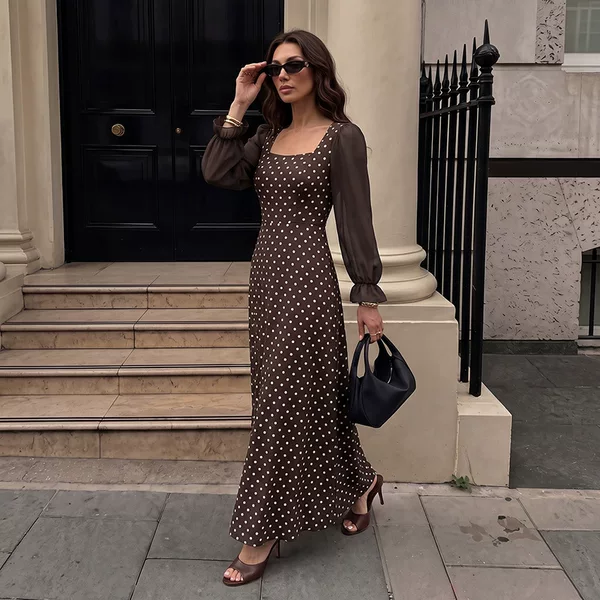 European and American cross-border 2026 autumn and winter new sweet and cool retro style polka dot square-neck chiffon bell-sleeve slim-fit dress for women
