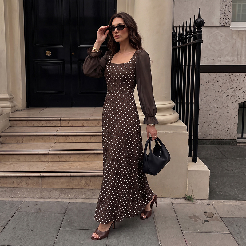 European and American cross-border 2026 autumn and winter new sweet and cool retro style polka dot square-neck chiffon bell-sleeve slim-fit dress for women