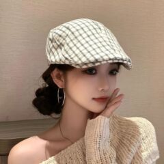 日系简约小格子前进帽女新款春秋季休闲百搭鸭舌帽复古文艺贝雷帽