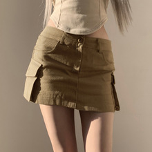歐美復古學院寬腰頭拼接口袋卡其色半身裙 辣妹夏季包臀短裙