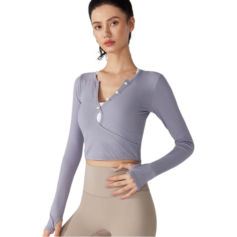 Otoño e invierno con cuello en V hilo de secado rápido deportes manga larga expuesta ombligo ins running fitness Top apretado adelgazamiento ropa de Yoga para Mujeres