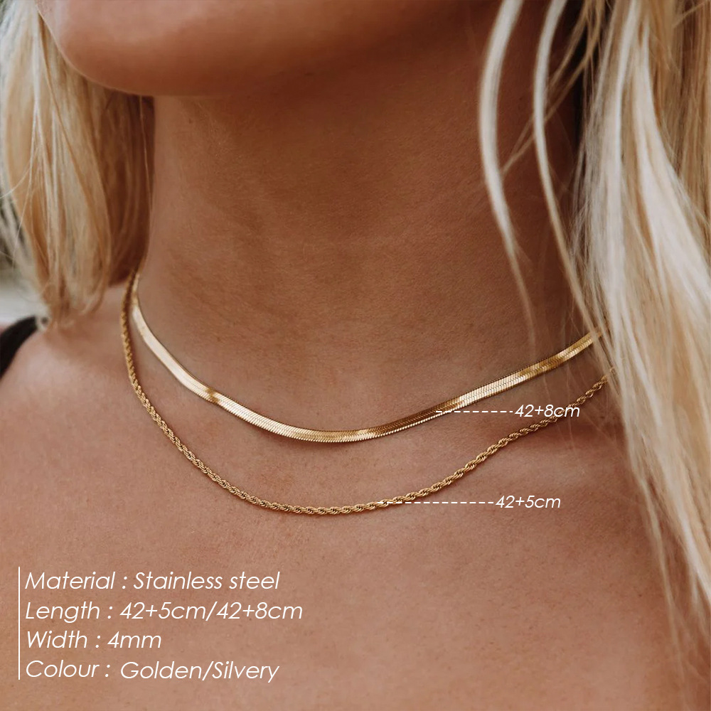 13g Weight Double Layer Necklaces, Chain Necklace Classification 316 Stainless Steel Chain Material Paperclip Chain, snake chain Chain Type 1 Piece Quantity 316 Stainless Steel  Geometric Solid Color Basic Simple Style Classic Style Paperclip Chain Snake Chain Double Layer Necklaces Chain Necklace For Women's