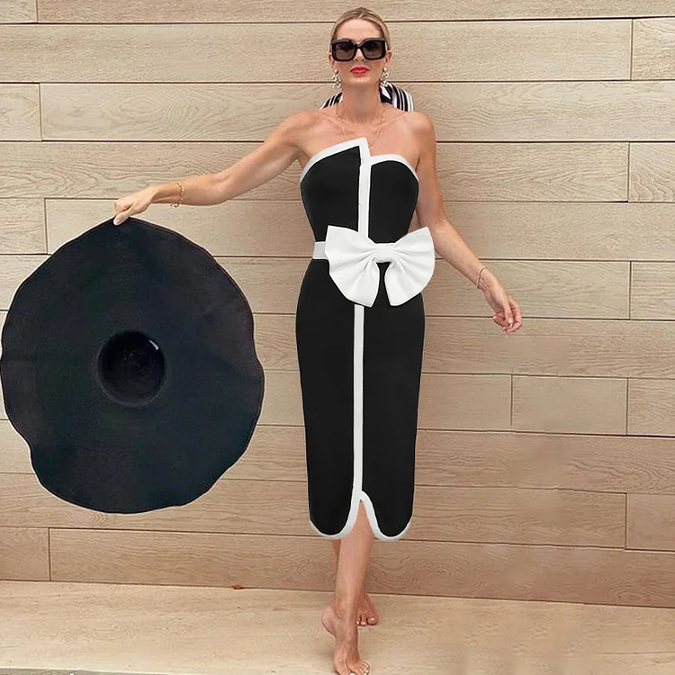 GraceChic Black White Color Block Bowknot Strapless High-End One-Piece Swimsuit Set For Women 2024 European And American Swimwear_voghion.com