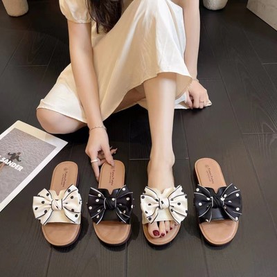 soft sole comfortable cowhide slipper new pattern 2022 Flat bottom slipper bow lovely leisure time Women's Shoes