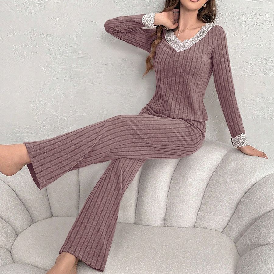 Pijama de Encaje con Cuello en V para Mujer Set de 2 piezas de poliéster, transpirable, cálido, para el hogar y exteriores