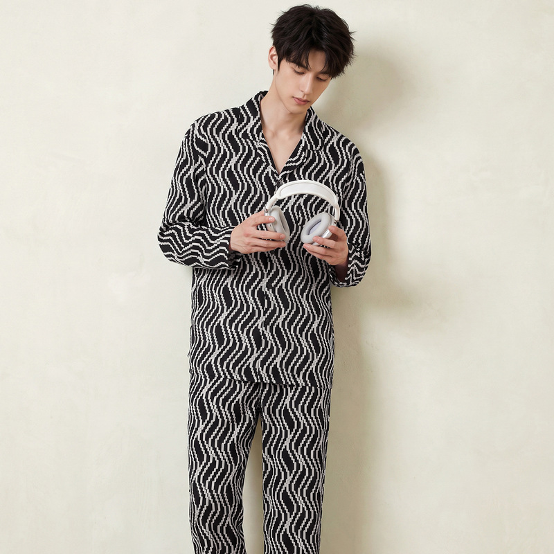 【Lycra Cotton】Relaxed Fit Men's Pajamas for Spring, Autumn, and Winter, Plus Size Long Sleeve Men's Homewear Set, Trendy and Unique