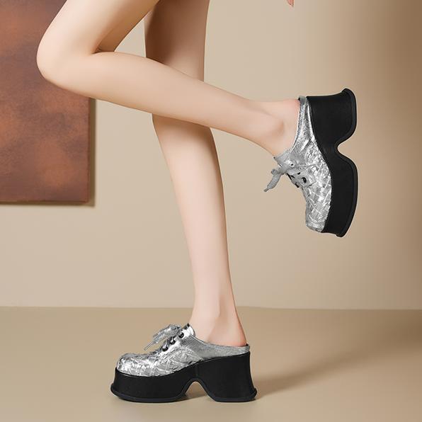 Giày mule nữ bít mũi đế dày da cừu màu bạc, gót 9cm, dệt kim, phong cách lười — Màu đen, Màu bạc