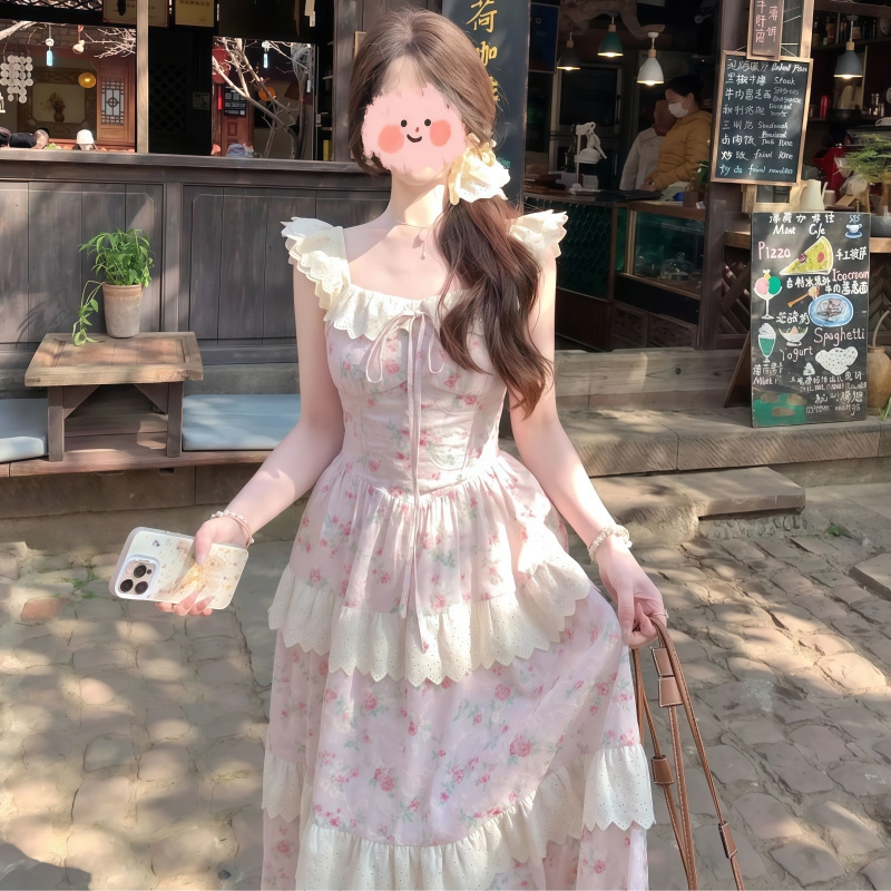 フレンチスイートウエストかわいい小さなフライングスリーブレースケーキスカート女性の夏の新しいホリデースタイルドレスロングスカート|undefined