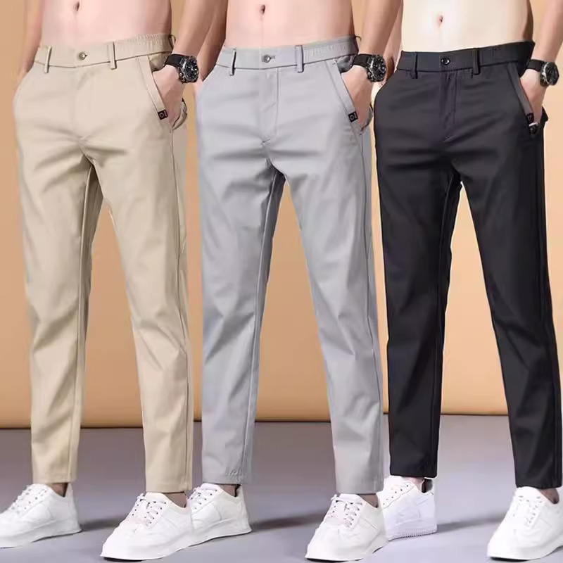 跨境冰丝西装男裤夏季薄款弹力商务西服裤修身小脚休闲韩版男长裤