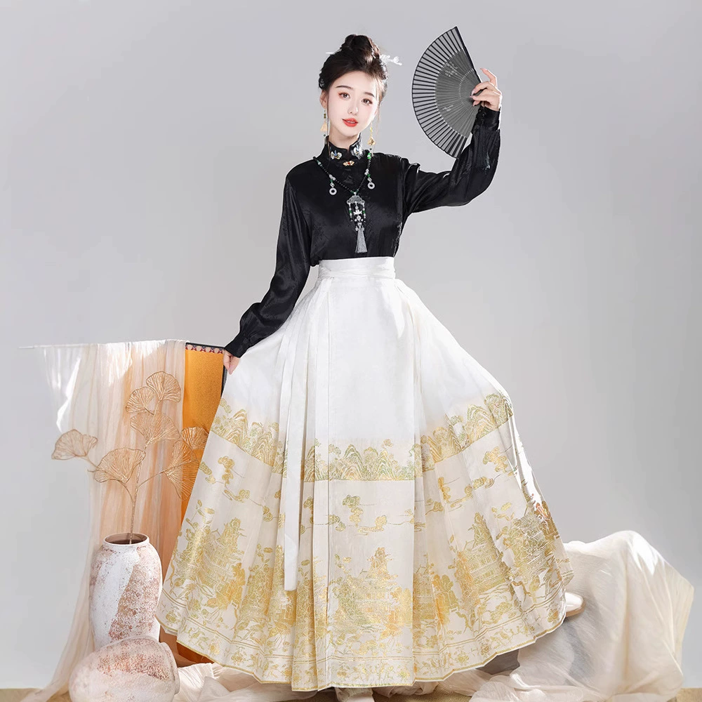 Hanfu женская ткацкая золотая серебряная винтажная юбка