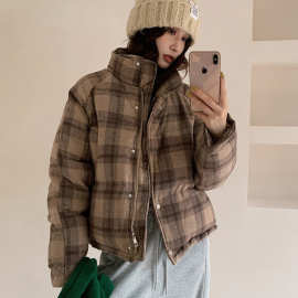 E5021高级感立领韩系小个子棉服宽松复古格纹保暖棉衣街头外套冬