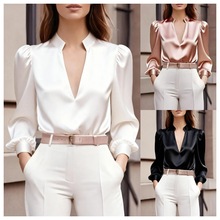 2025独立站wish亚马逊新款 春秋缎面长袖修身职业风设计感上衣女