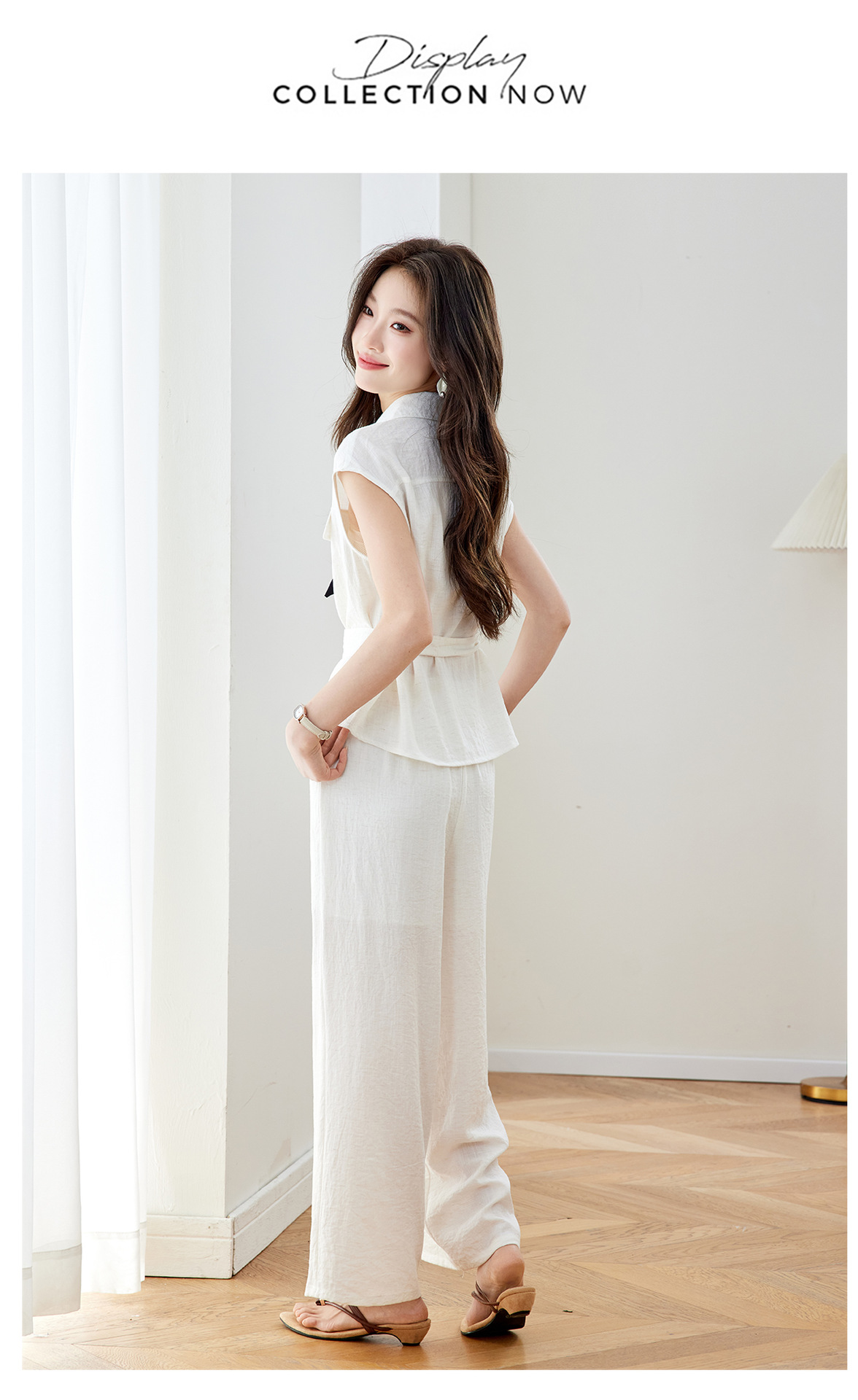 Bộ quần áo không tay nữ cổ V eo thắt, quần ống rộng cạp cao hai mảnh MZ2705 — Xanh lông mòng đen, màu trắng ngà chi tiết 24
