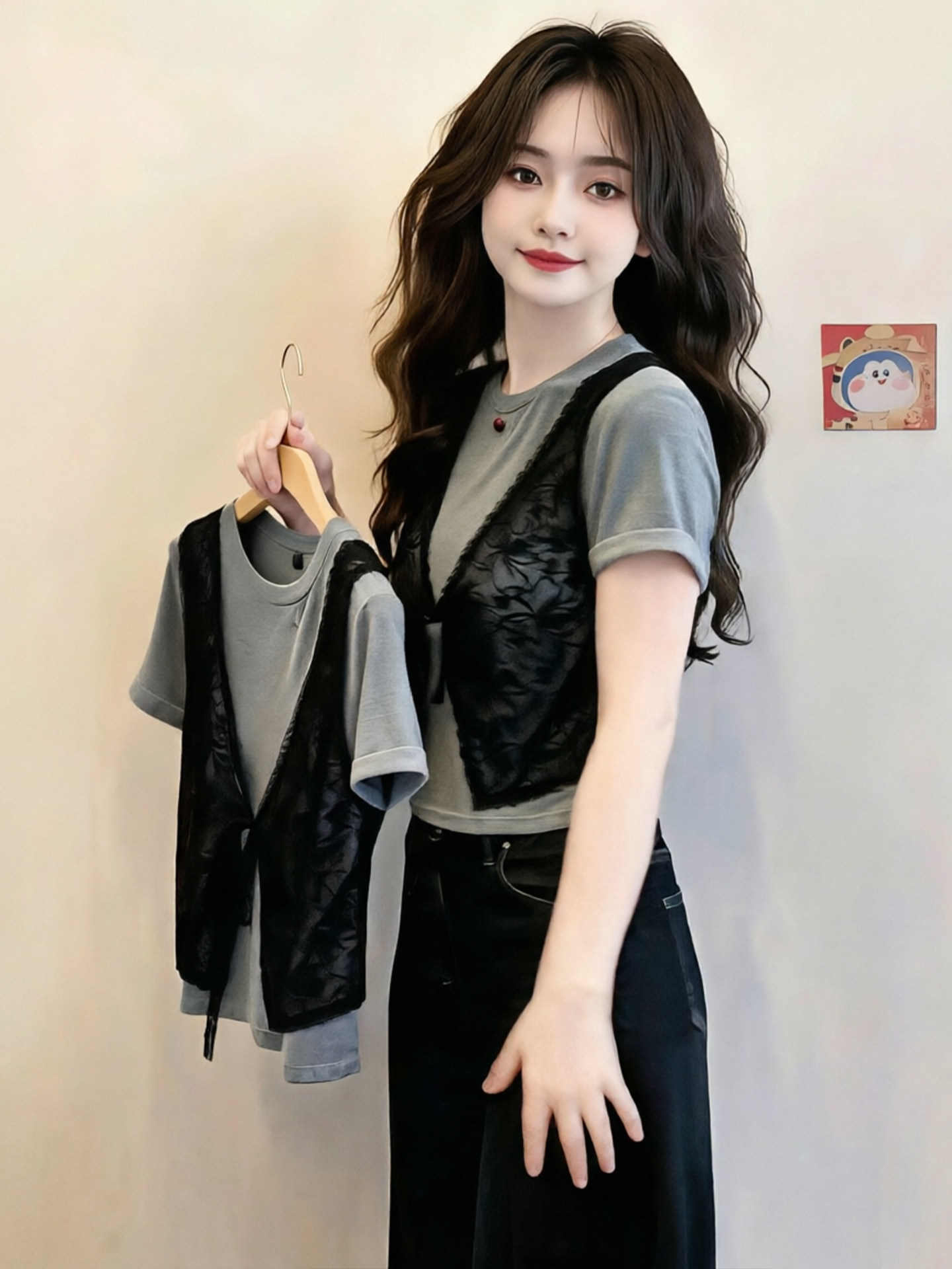 Áo thun nữ cổ tròn tay ngắn ren giả hai lớp phối ren eo — màu xám chi tiết 3