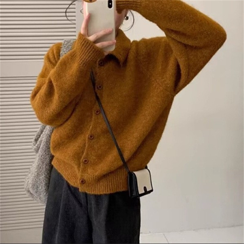 秋冬韩系单排扣翻领针织开衫上衣温柔风甜美毛衣外套女高级感品质|undefined
