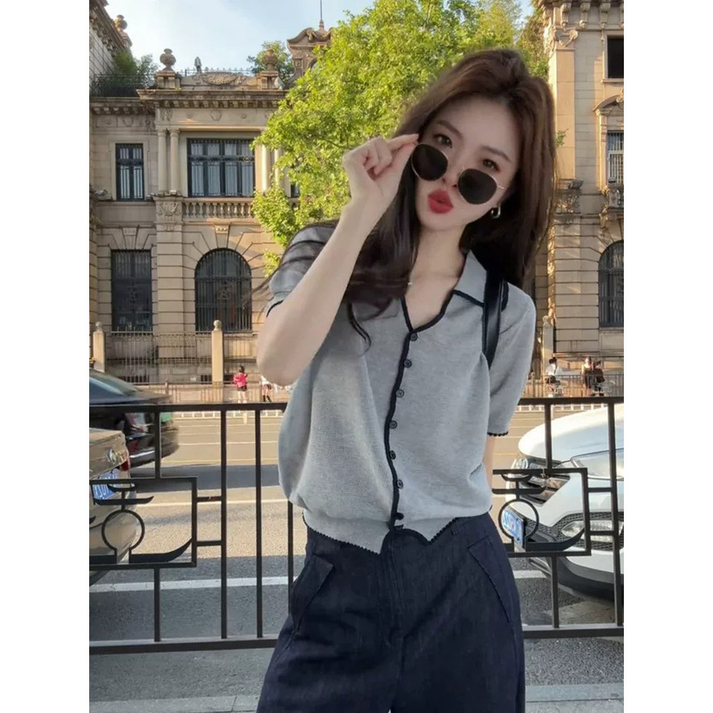 Korean-Style Polo Collar Gray Short-Sleeve Ice Silk Knit Cardigan for Women, Very Stylish and Unique, Perfect for Summer