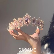 欧美新娘皇冠头饰合金镶水钻粉水晶王冠婚纱配饰跨境爆款发冠批发