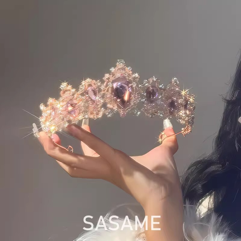 European and American Bridal Crown Tiara Alloy Inlaid with Rhinestone Pink Crystal Crown Wedding Accessories Cross-Border Popular Hair Crown Wholesale