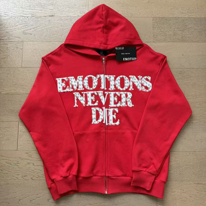 Mixed Emotions Emotions Never Die Zip Hoodie Jacket Rhinestone Red