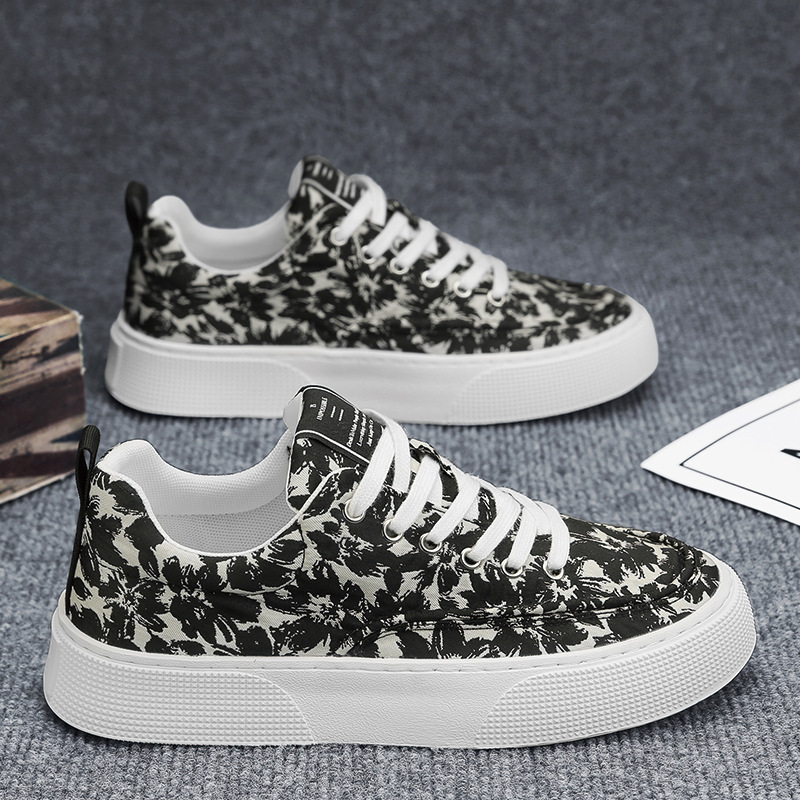 新款潮流休閒增高男鞋男2024春季印花帆布鞋韓版時尚舒適厚底板鞋