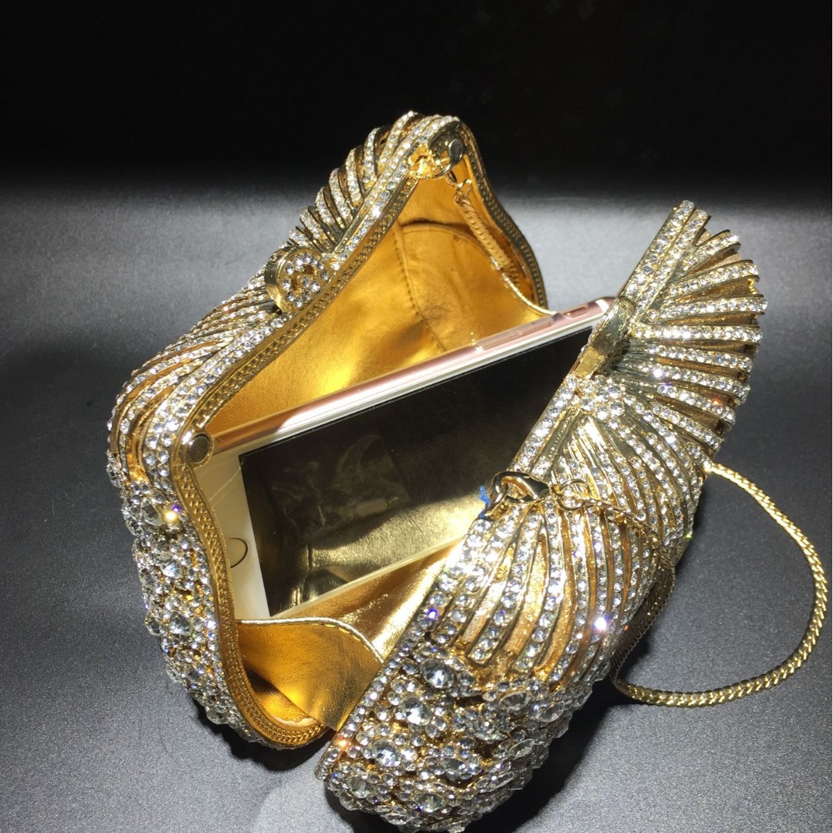 Túi clutch nữ đính đá rhinestone dạ tiệc cao cấp — Vàng kim trắng
