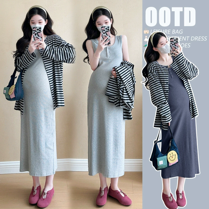 2024 Ранняя осень Одежда для беременных осень новая мода иностранная полоска кардиган жилет с открытым платьем для снижения возраста