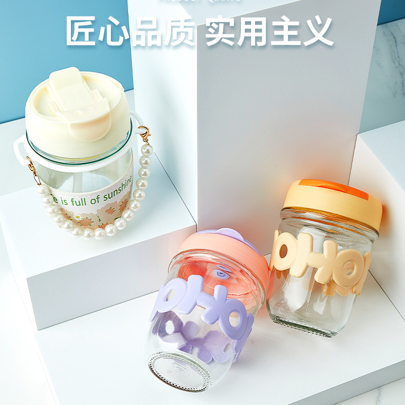 批發珍珠提手吸管杯 地推開業活動禮品水杯雙飲杯透明玻璃吸管杯