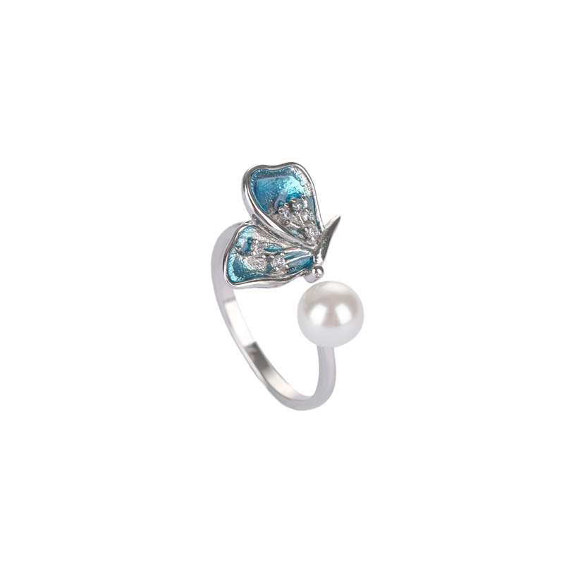 Estilo coreano nuevo simple chica fresca anillo s925 plata esterlina rebordear mariposa personalidad anillo de la perla abierta