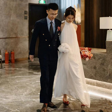 白色挂脖新娘晨袍2025新款露背订婚晚礼服森系旅拍出门纱法式礼服