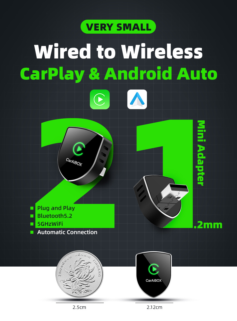 Original car wired to wireless CarPlay Android Auto 2-in-1 smart car connectivity adapter