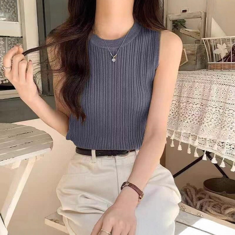 2025女夏季新款显瘦百搭上衣法式针织衫无袖外穿小背心修身打底衫|undefined