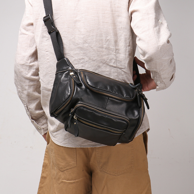 New men's genuine leather chest bag, large capacity, oiled leather waist bag, sports cowhide shoulder bag/crossbody backpack. Drop shipping available.