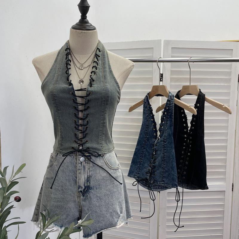 Real shot: Washed denim front-tie halter neck backless mini camisole with deep V-neck, sexy short top 2852