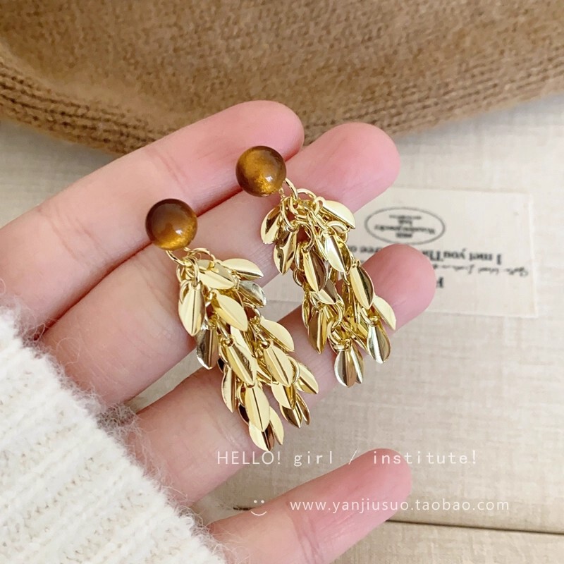 金色羽翼~美拉德虎眼麦穗流苏耳环女春夏高级感耳钉方圆脸耳饰|undefined