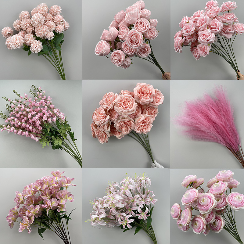 Pink Artificial Flower Wedding Rose Peony Decorative Flower Wedding Hall Stage Background Arrangement Flower Arrangement Leaves