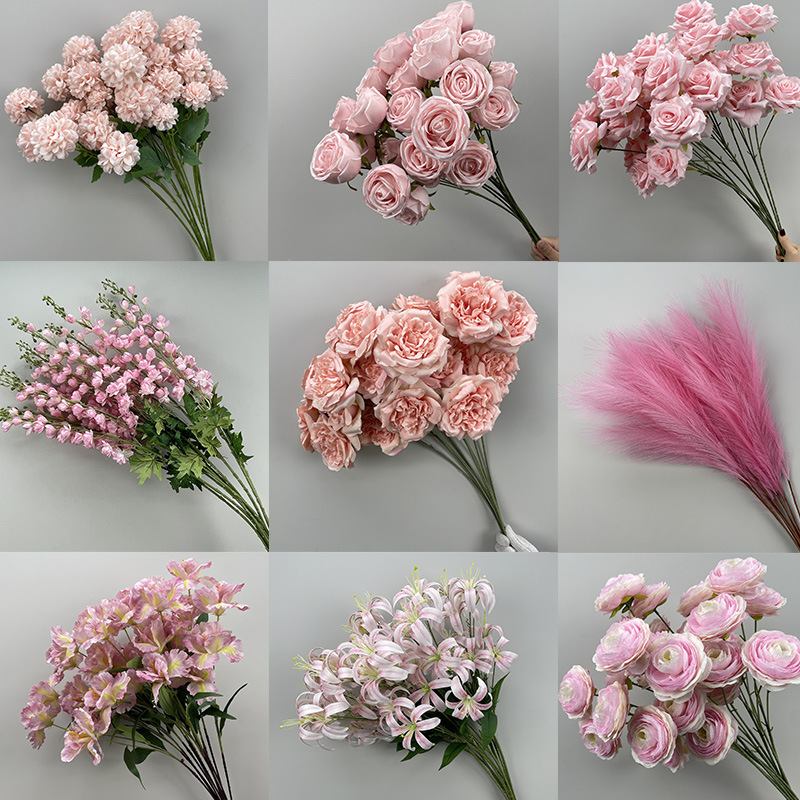 Pink Artificial Flower Wedding Rose Peony Decorative Flower Wedding Hall Stage Background Arrangement Flower Arrangement Leaves