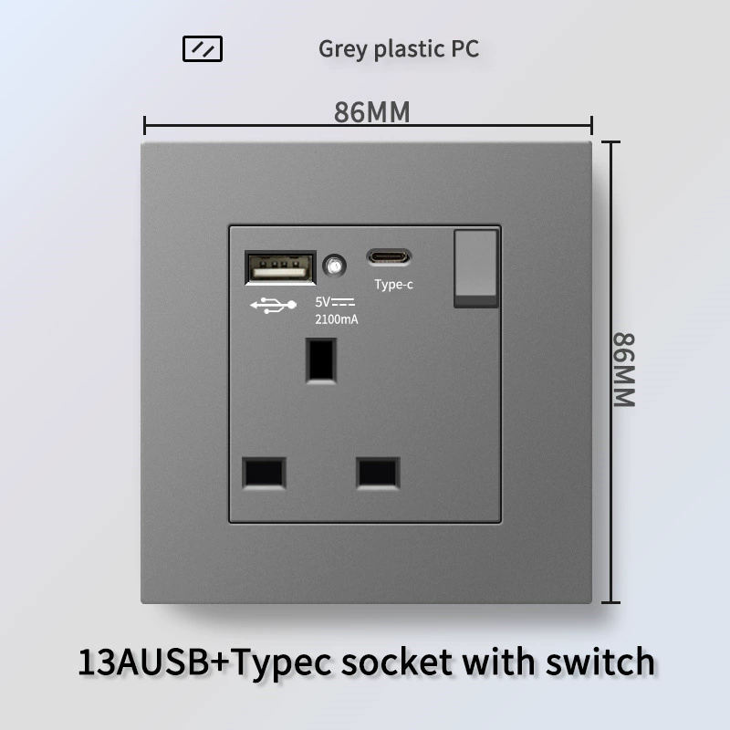 Hong Kong and Macau British 13A socket USB with Type-C plugging in Su-English bidding switch PC gray panel