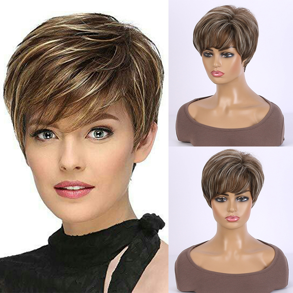 2021 Venta caliente popular europeo y americano peluca femenina realista Natural Color mixto oblicuo Bangs Pelo Corto fibra química sombrero