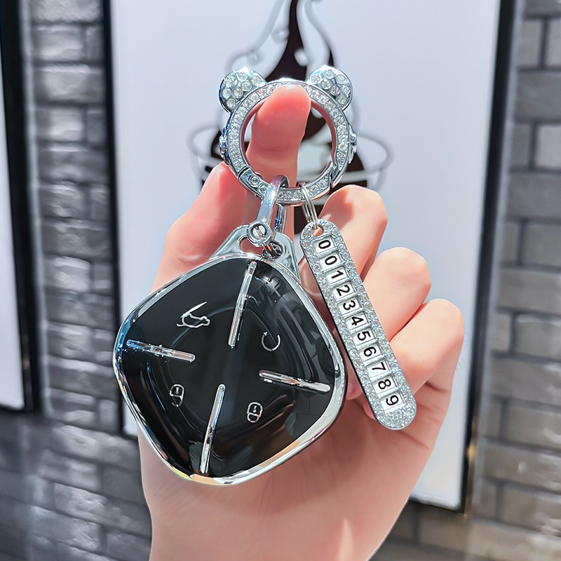 Chery J 모델 - 스마트 4버튼 [싱글 쉘 블랙] + 실버 우주 비행사 다이아몬드 버클 + 실버 번호판