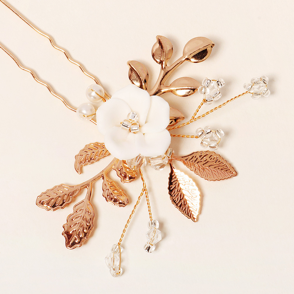 Alloy Material New Bridal Ornament Golden Leaf Pearl U-shaped Pin Ancient Style Han Chinese Clothing Updo Hair Accessories Ceramic Flower Hairpin