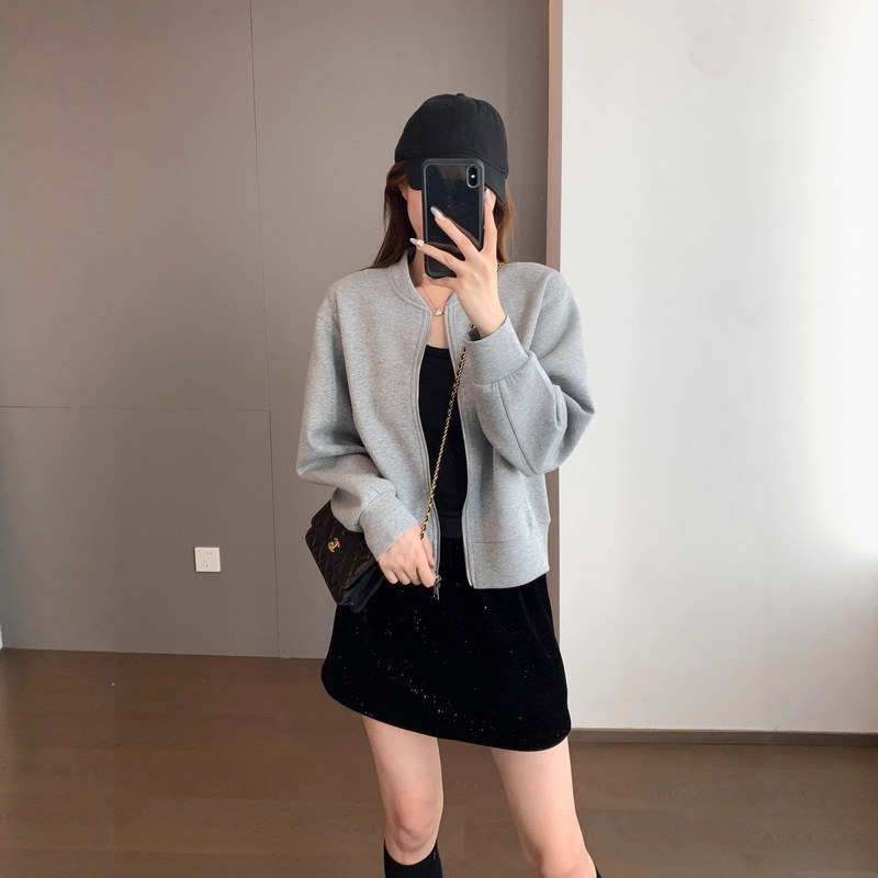 Spring Is Not Late, Fashionable and Handsome Air Sandwich Cotton Blend Zipper Threaded Cuff Flight Jacket Sweatshirt Jacket for Women